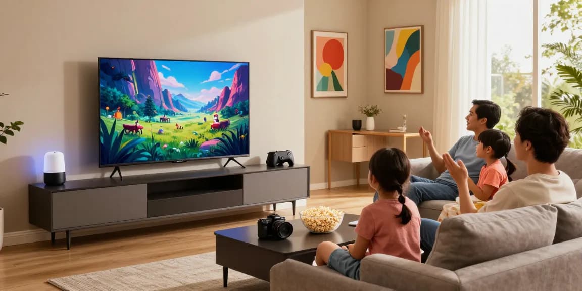 Family enjoying a movie night with a mini LED TV in a cozy living room setting.