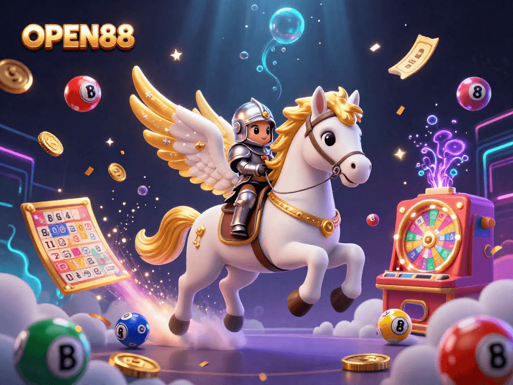 Experience the magic of OPEN88 with vibrant lottery balls and a celestial horse galloping through a dynamic casino scene.