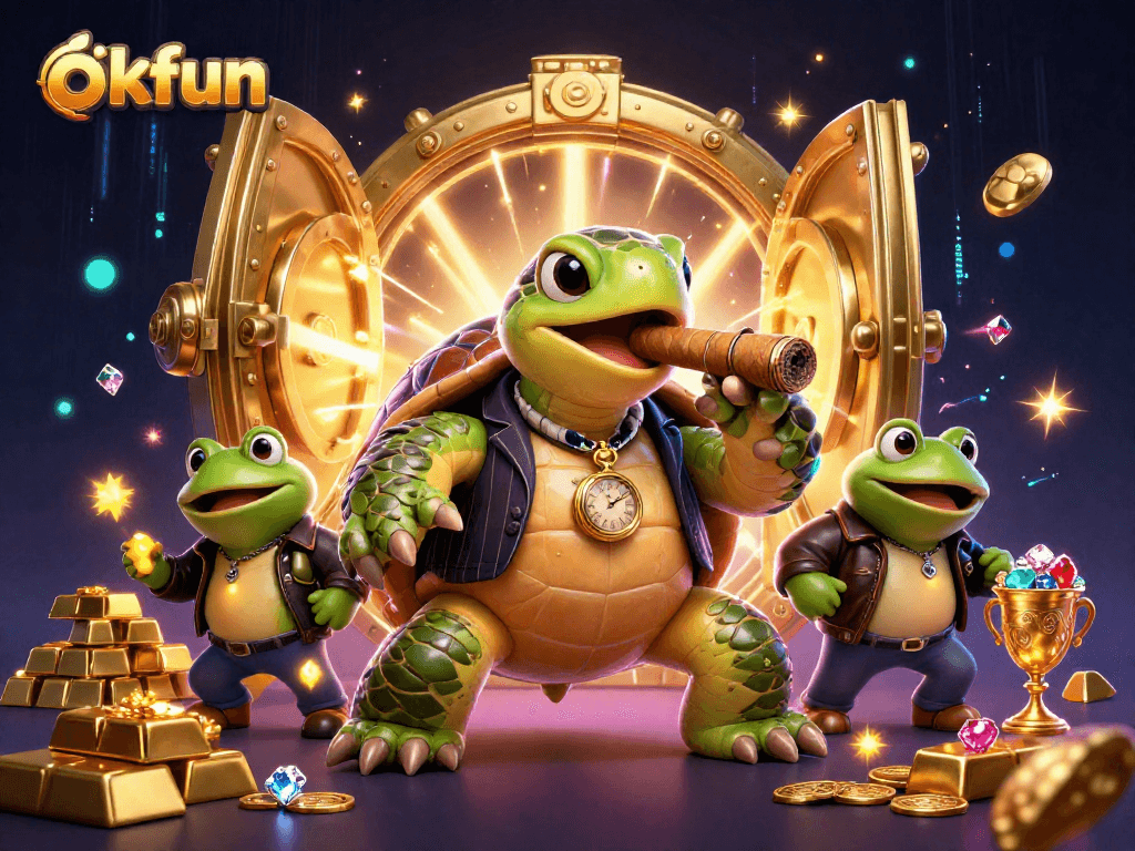 Experience the thrills of okfun with a vibrant 3D casino scene featuring iconic characters and treasures.