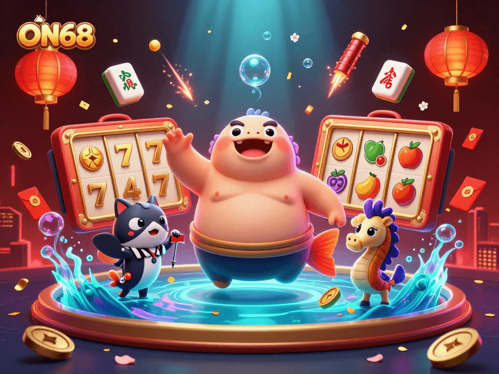 Experience thrilling gameplay at ON68 with vibrant fruit symbols spinning on slot reels amidst an animated underwater arena.