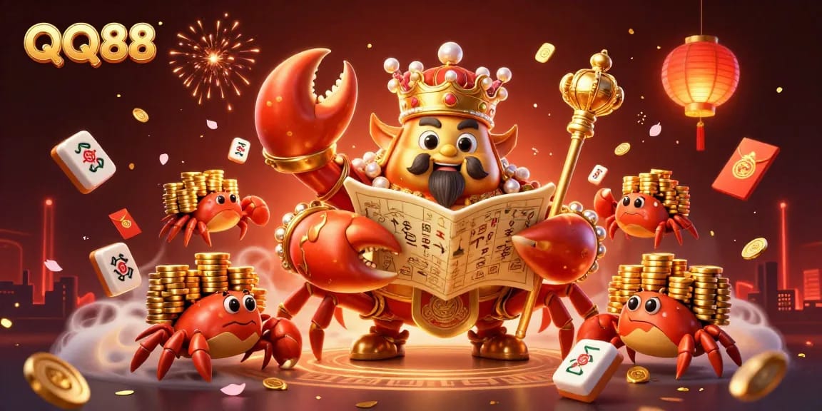 Experience the excitement of QQ88 with a vibrant illustration of a golden crab emperor amidst playful gaming elements.