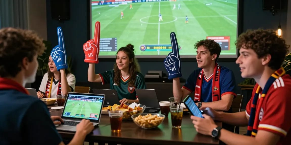 Suasana taruhan sbobet88 dengan teman-teman yang bersorak sambil menganalisis odds pertandingan sepak bola.
