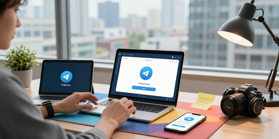 Instantly download Telegram app while working in a modern tech workspace with multiple devices.