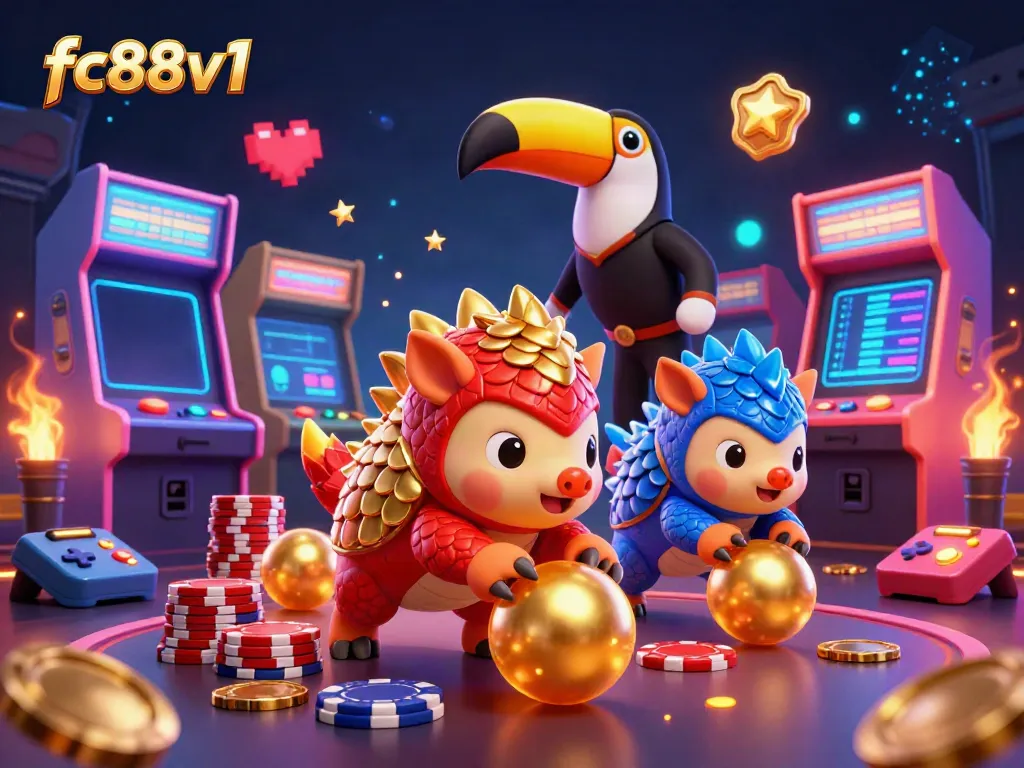 Compete with fc88v1 pangolins in a colorful casino arcade atmosphere while bowling through poker chips.