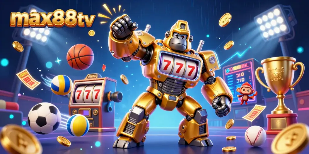Experience winning with max88tv in this vibrant casino illustration featuring a golden gorilla mech.