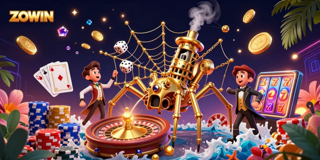ZOWIN showcases a thrilling casino scene with steampunk elements and poker games.