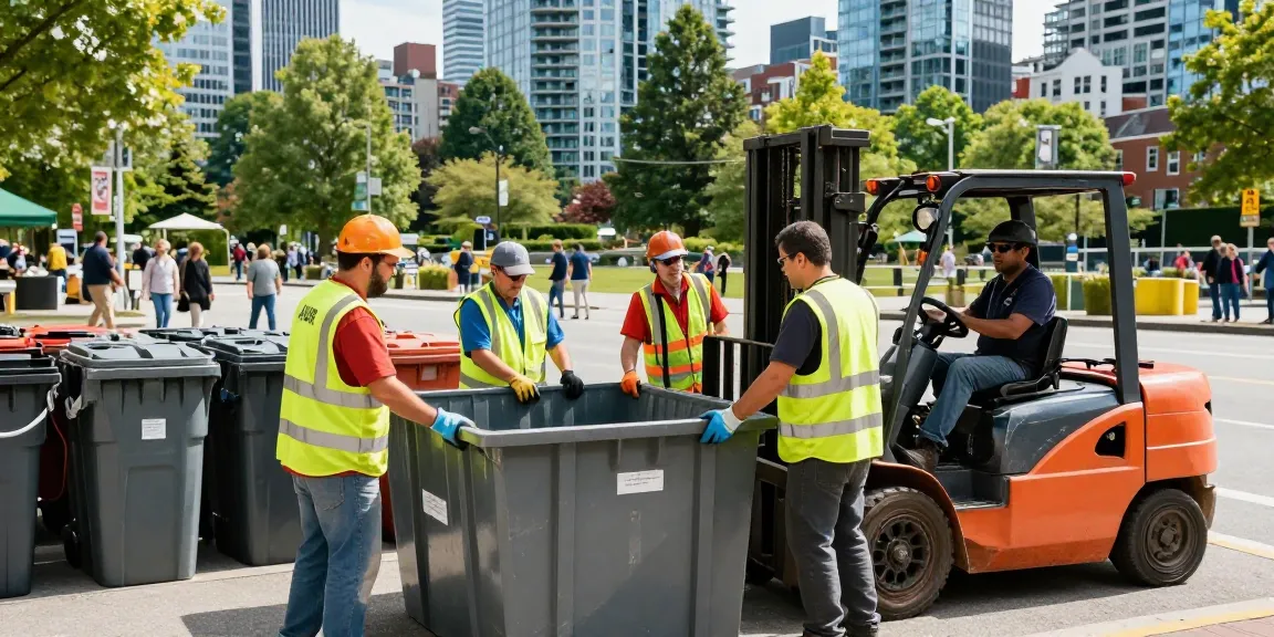 Bin rentals Vancouver with a diverse team loading large garbage bins in a vibrant urban setting.