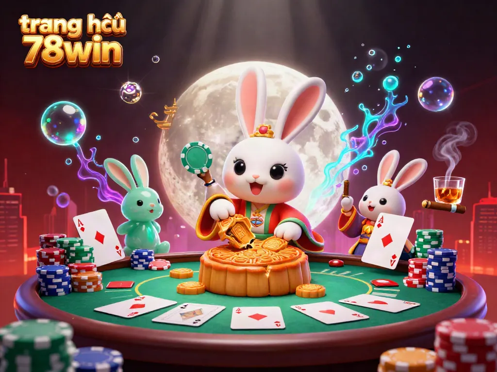 Engage with the exciting world of trang chủ 78win as a moon rabbit reveals poker chips amid a festive casino scene.
