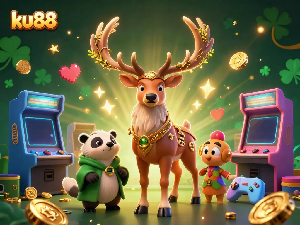 ku88 featuring a Celtic druid stag and badger amongst vibrant gaming machines in an enchanting casino setting