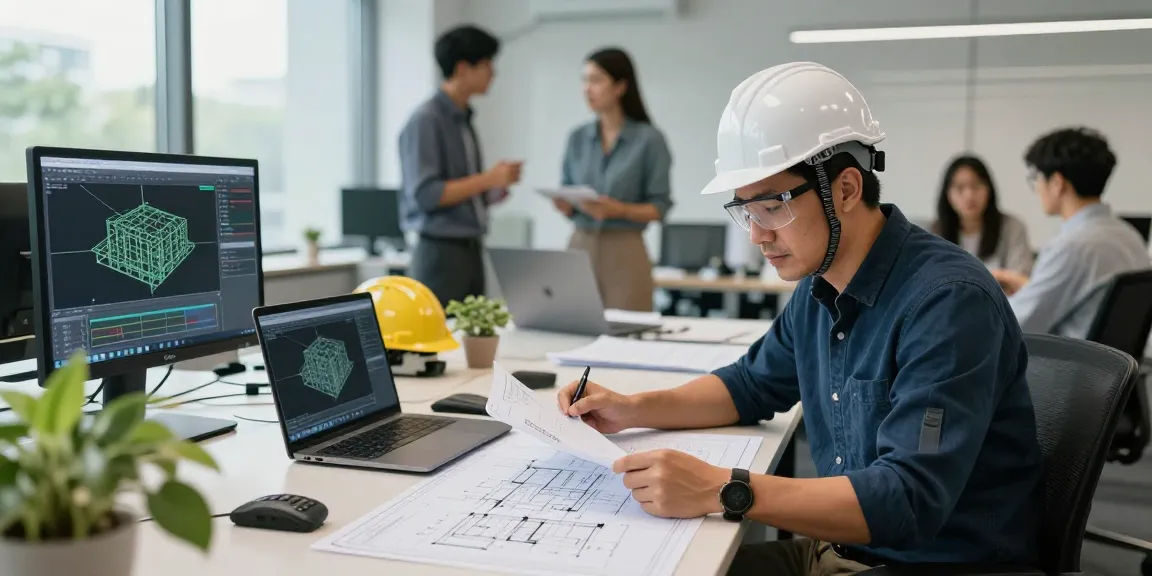 Structural Engineering Consultant Canada collaborating in a design review meeting with advanced engineering tools and blueprints.