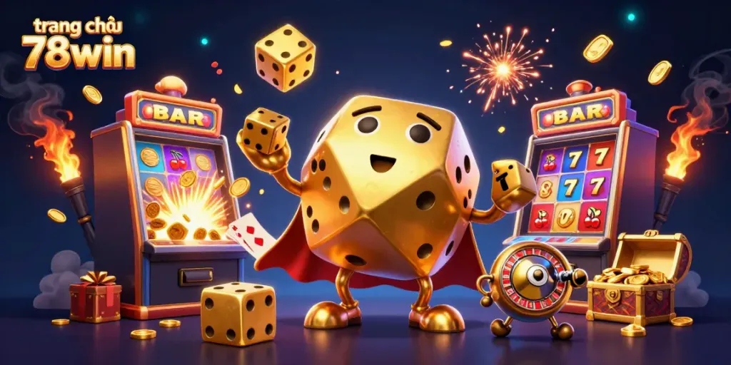 Experience the thrill at trang chủ 78win with a vibrant 3D casino illustration featuring golden dice and exciting games.
