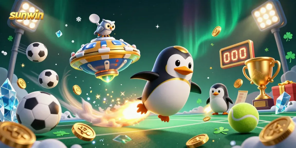 Experience thrilling gameplay at sunwin with a dynamic casino-themed 3D illustration featuring sports and gaming elements.