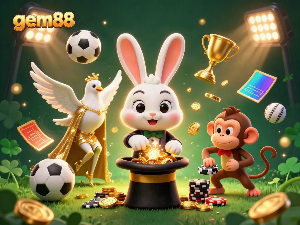 Experience the thrill of gem88 with a magician rabbit pulling golden coins in an exciting casino-themed scene.