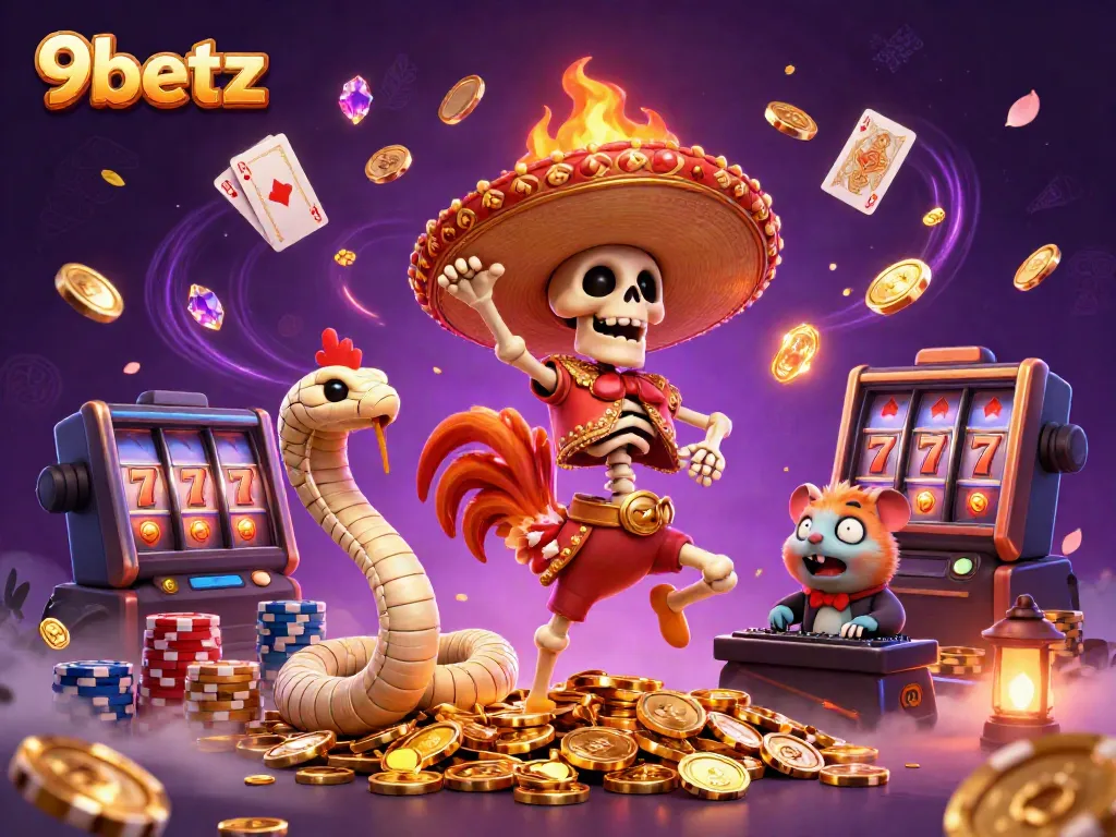 Experience winning excitement at 9betz with a vibrant animated casino scene filled with characters and sparkling elements