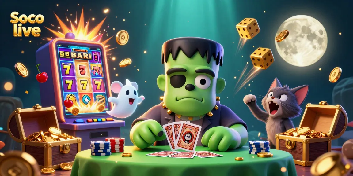 Soco live offers an engaging casino scene with a card-dealing bulldog monster surrounded by vibrant gaming elements.
