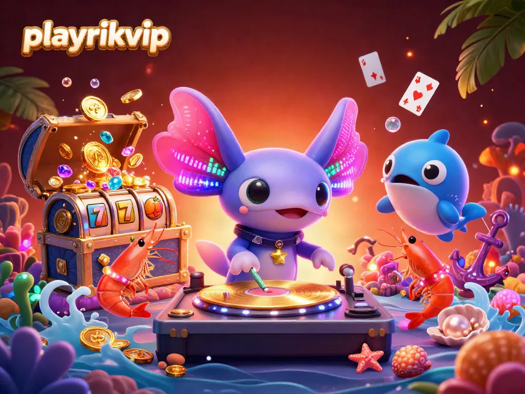 Experience the thrill of playrikvip with vibrant underwater casino elements, featuring a neon axolotl DJ.