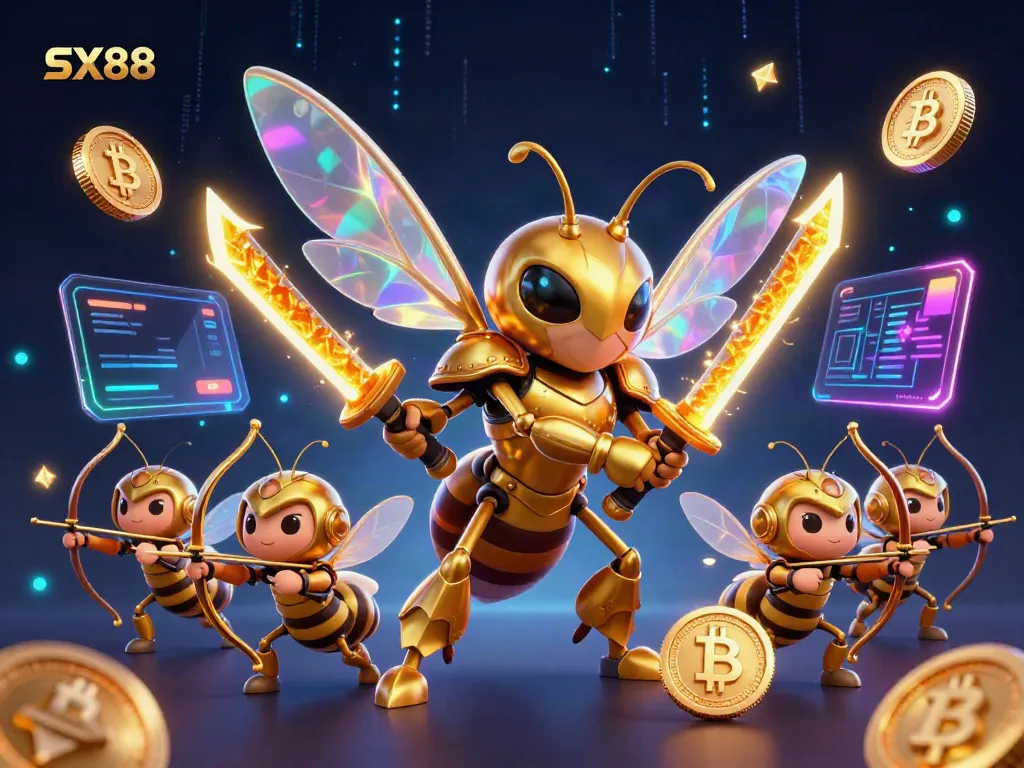 SX88 showcases a dynamic illustration featuring a golden hornet warrior amidst vibrant casino elements.