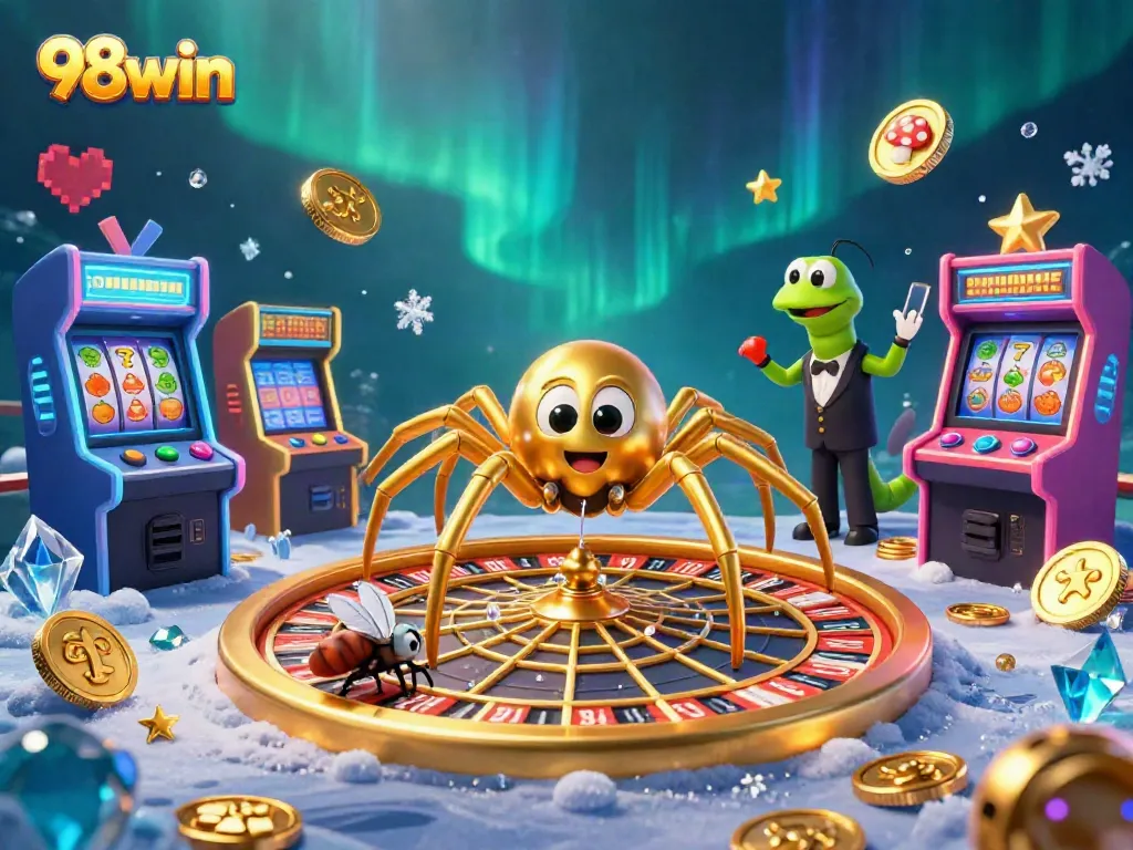 Spin the wheel of fortune with 98win in this colorful, immersive casino scene.