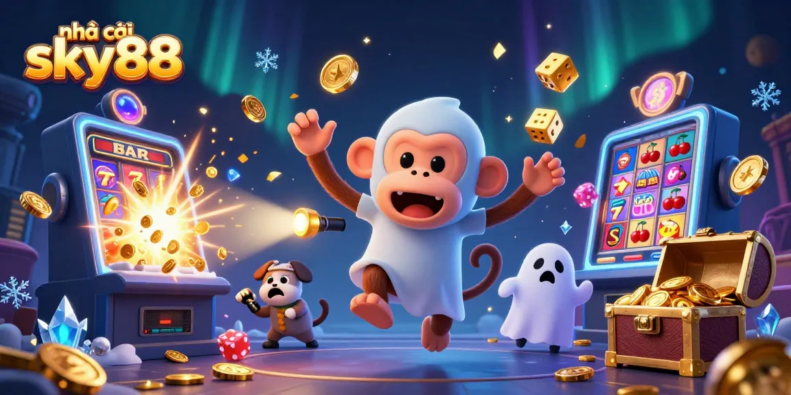 Experience thrilling gaming with nhà cái sky88 as a mischievous monkey juggles coins in a vibrant casino scene.