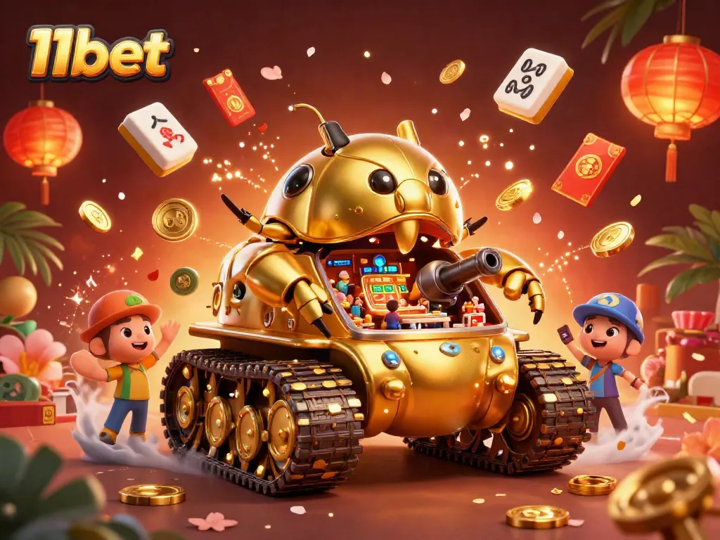 Experience the thrill of 11bet with a vibrant 3D illustration of a golden casino beetle tank, filled with games and excitement.