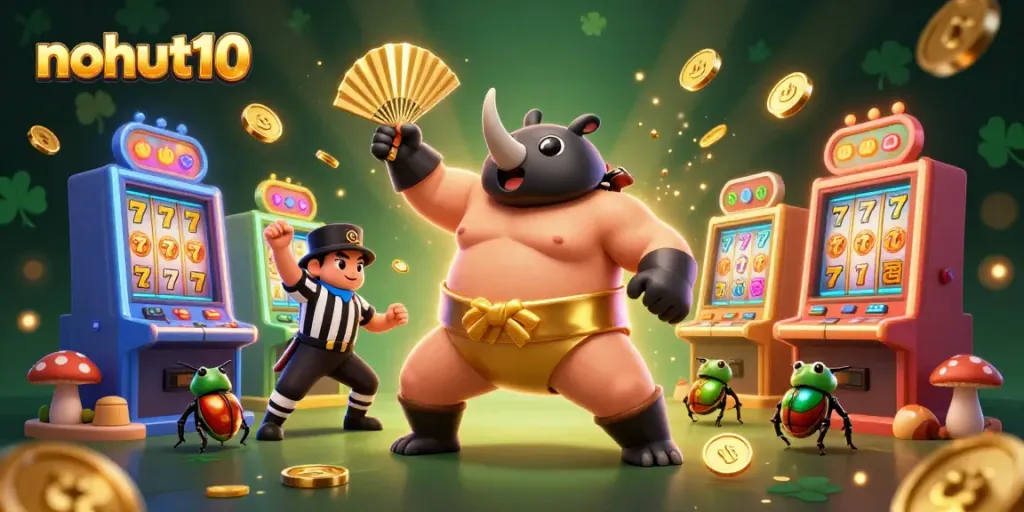 Experience explosive wins at nohut10 with a cartoon beetle champion amidst dazzling slot games and golden coins.