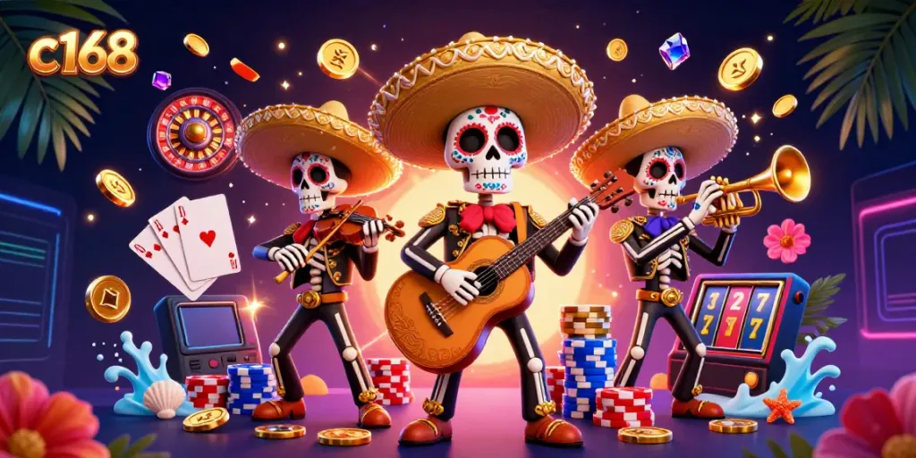 Experience exhilarating casino action with c168's vibrant mariachi-themed 3D scene filled with coins and cards.