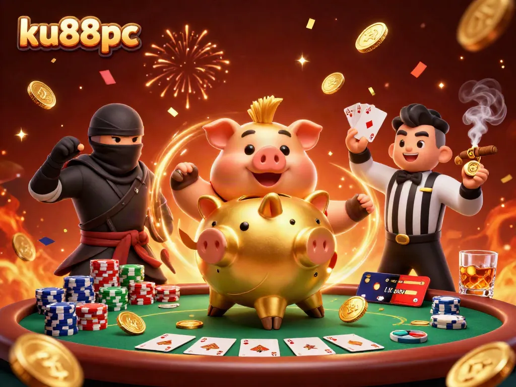 Big wins unfold at ku88pc as a golden piggy bank battles with a wallet-ninja in a vibrant casino scene.