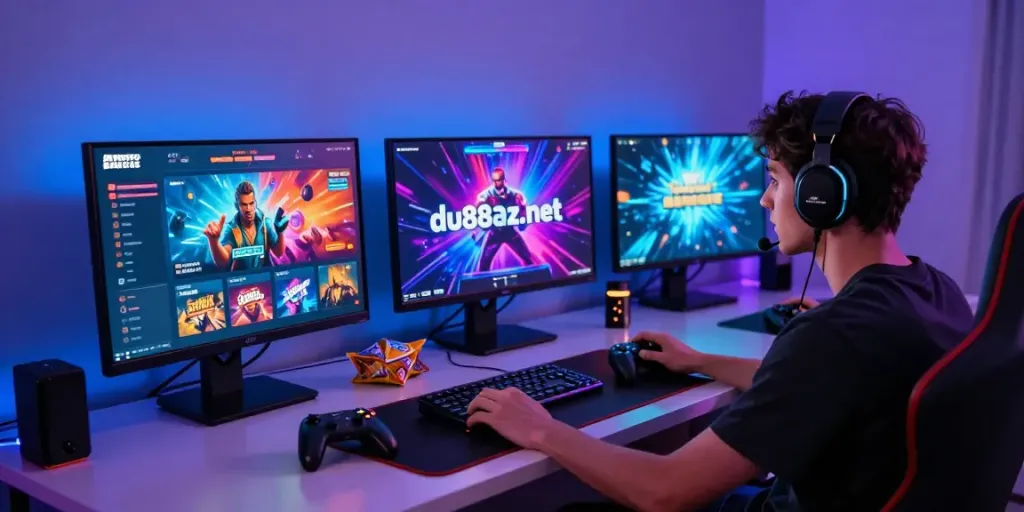 Engaged online gamer exploring games from https://du88az.net/ in a vibrant gaming environment.