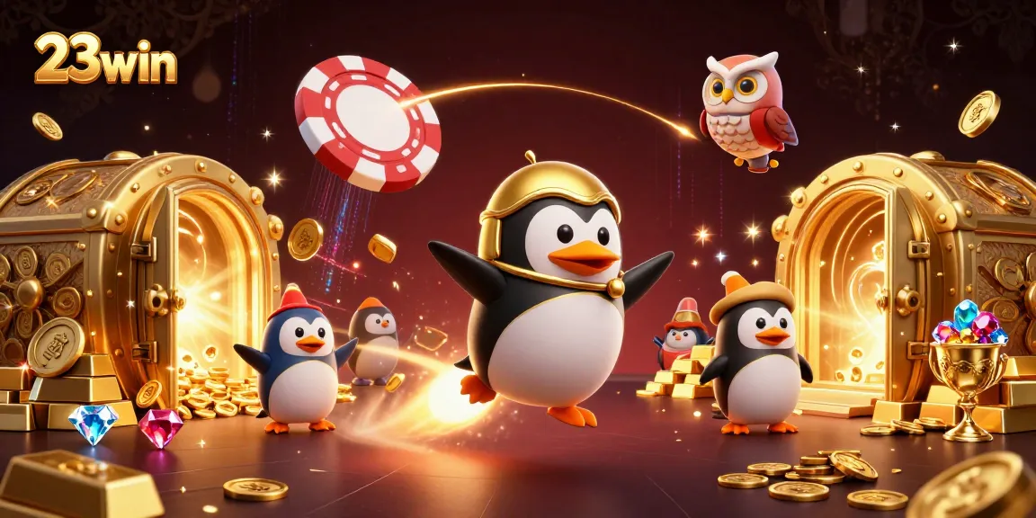 Explore the exciting world of 23win with a cosmic penguin and casino treasures.
