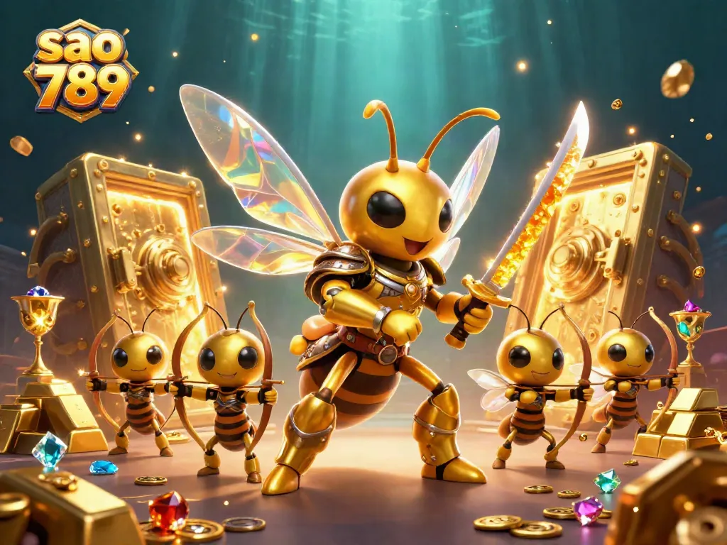 Sao 789 shines with a golden hornet warrior in an immersive casino treasure scene.