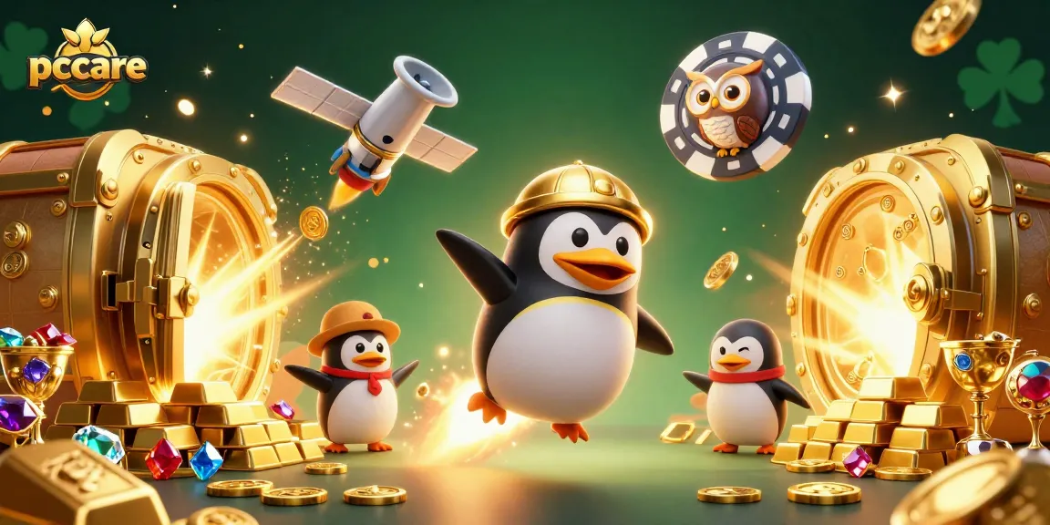 pccare casino adventure with golden penguin and treasure in a vibrant 3D illustration