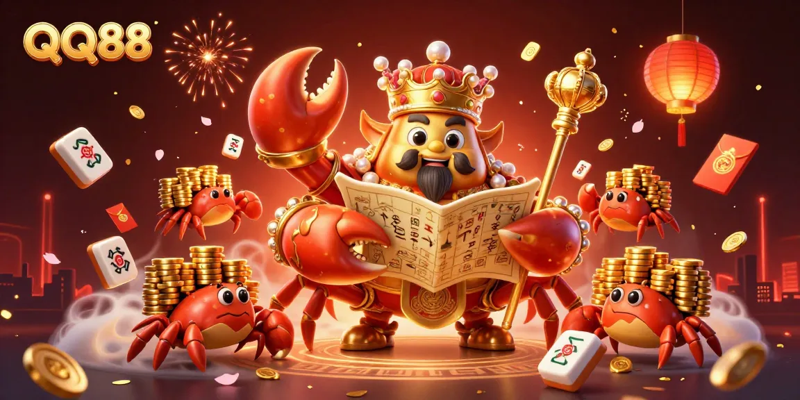 Experience the excitement of QQ88 with a vibrant illustration of a golden crab emperor amidst playful gaming elements.