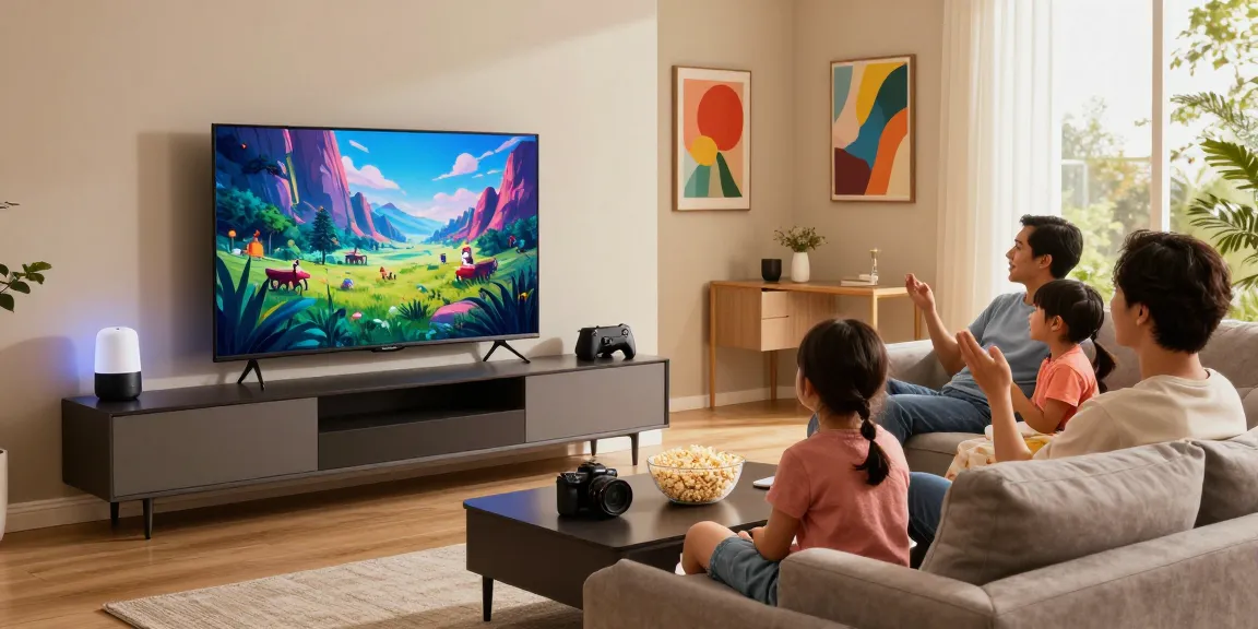 Family enjoying a movie night with a mini LED TV in a cozy living room setting.