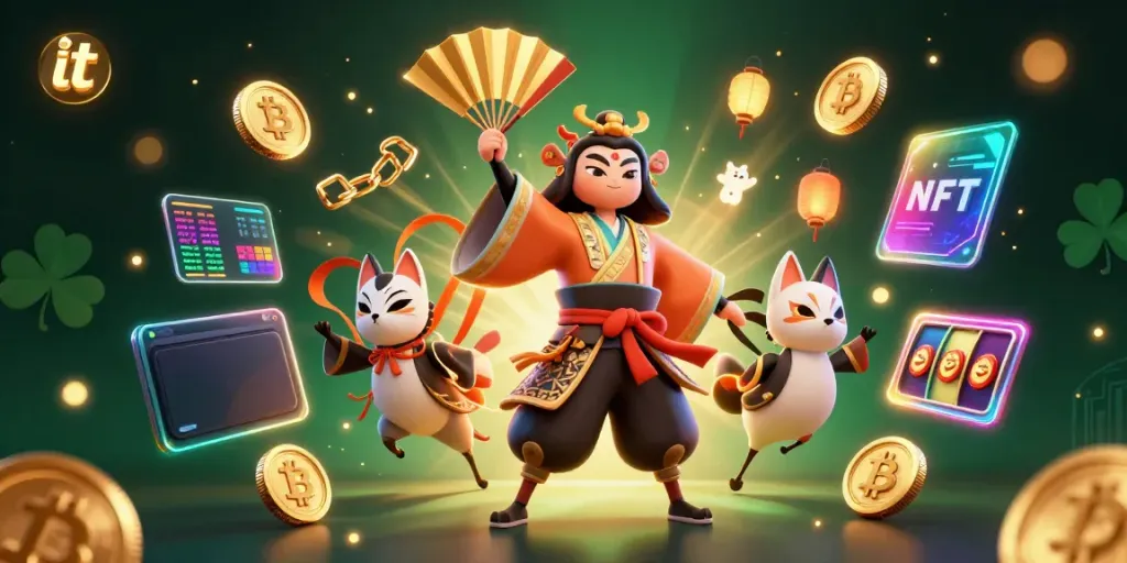 Experience thrilling gambling adventures with it showcased in a vibrant 3D illustration of kabuki warriors and slot reels.