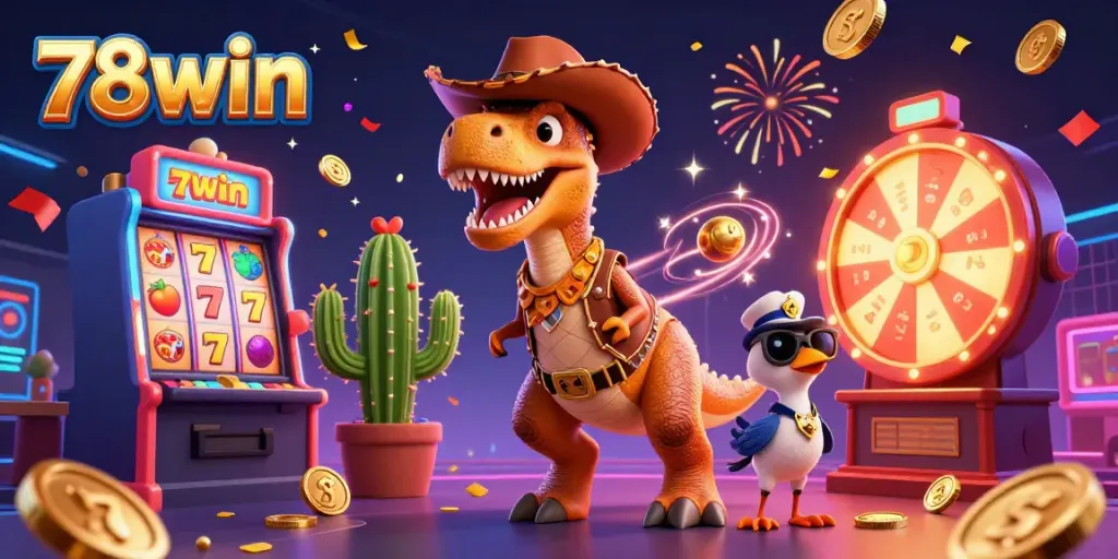 Engage in the colorful world of 78win, where a cartoon T-Rex and friends celebrate casino wins amidst vibrant gaming elements.