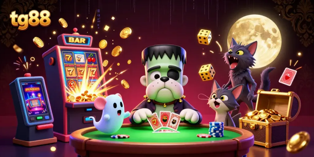 Engage in thrilling casino action at tg88 with a cartoon bulldog, ghost mouse, and werewolf kitten.
