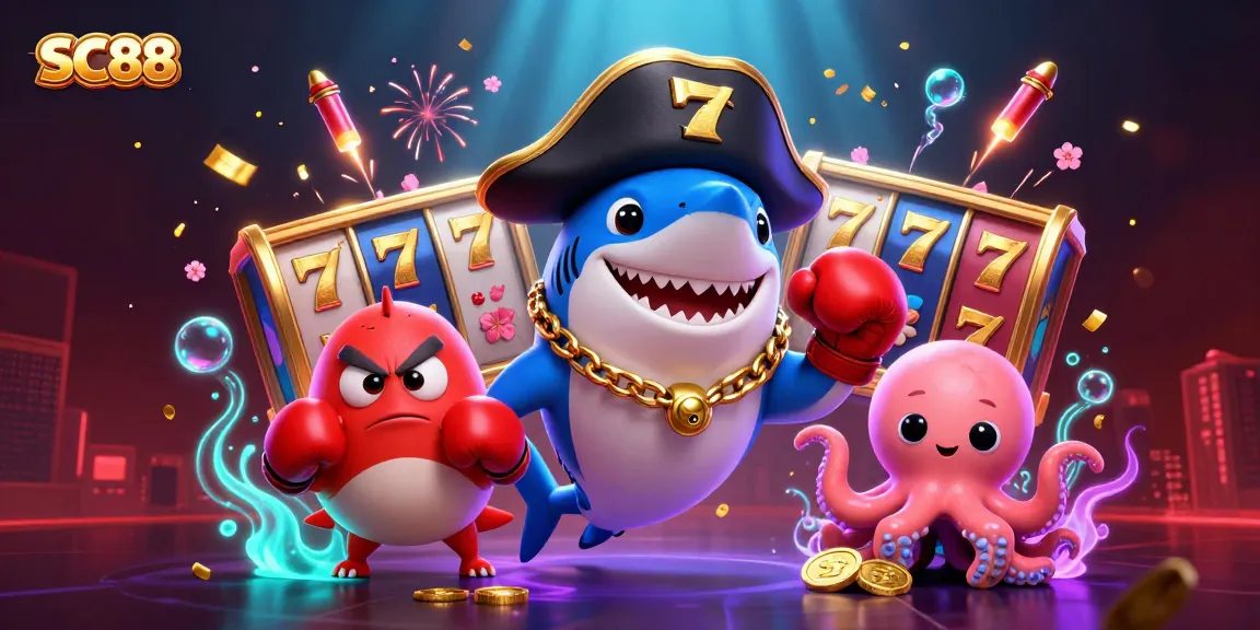 Win big with SC88's exciting slot reels, featuring a shark captain and fun characters in a vibrant casino scene.