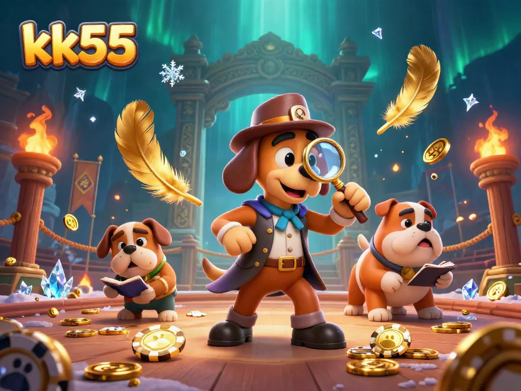 Experience thrilling gaming at kk55 with a cartoon detective revealing poker secrets amidst treasure.