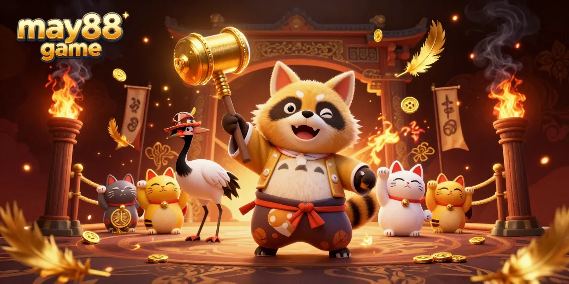 Engage with may88 game at a vibrant casino scene featuring cheerful characters and dynamic effects.