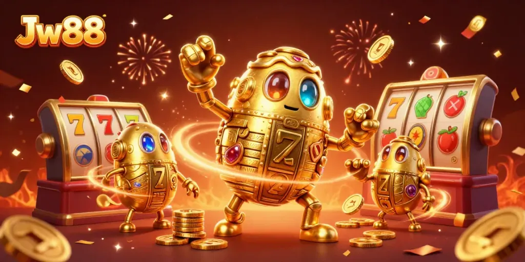 Experience the thrill with Jw88's iconic golden golem and slot symbols surrounded by vibrant casino elements.