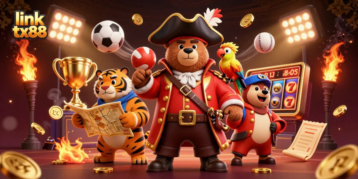 Experience thrilling action with link tx88, featuring a pirate bear and tiger with slot symbols.