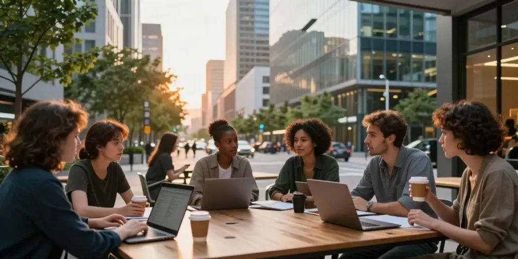 People collaborating at a modern co-working space in an urban setting, representing the energy of streek.ca.