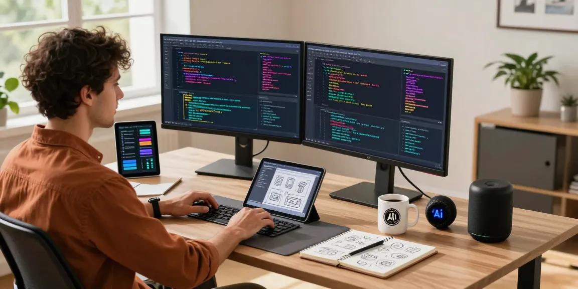 Dynamic workspace featuring developer using crush ai technology with dual monitors and creative coding tools in a bright office.
