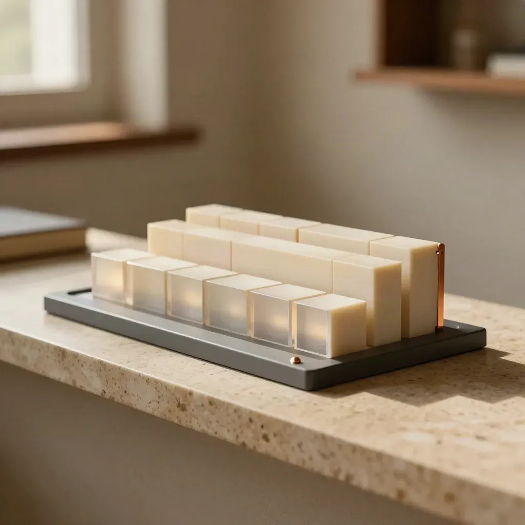 Ivory messaging blocks and acetate dividers assembled on a travertine ledge in warm sidelight.