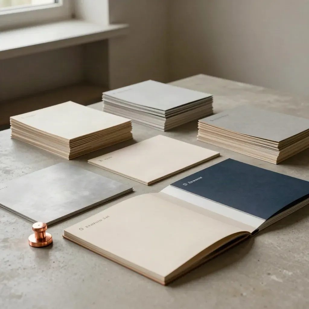 Studio brand audit materials: layered layout boards, sample sheets, and a copper weight in soft haze.