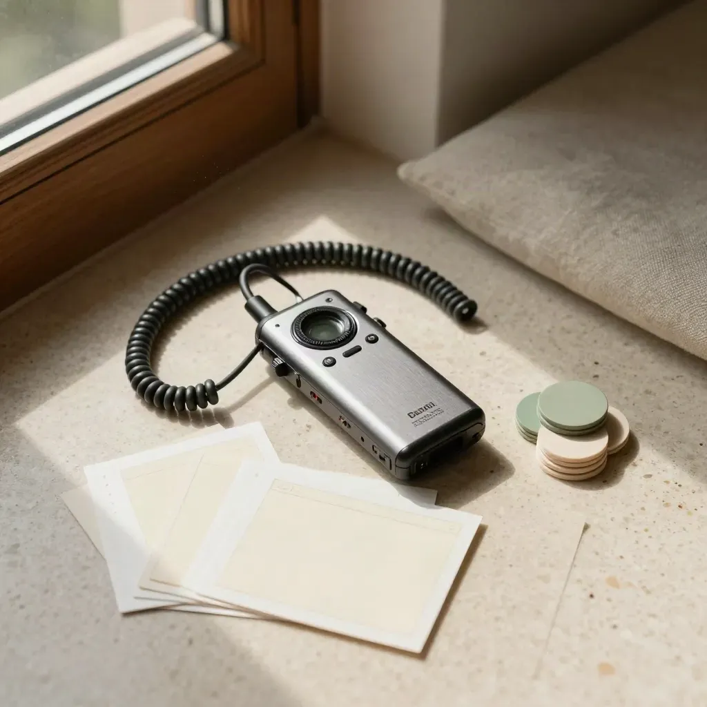Top-down audience research kit with recorder, response cards, cable, and sample chips on travertine.