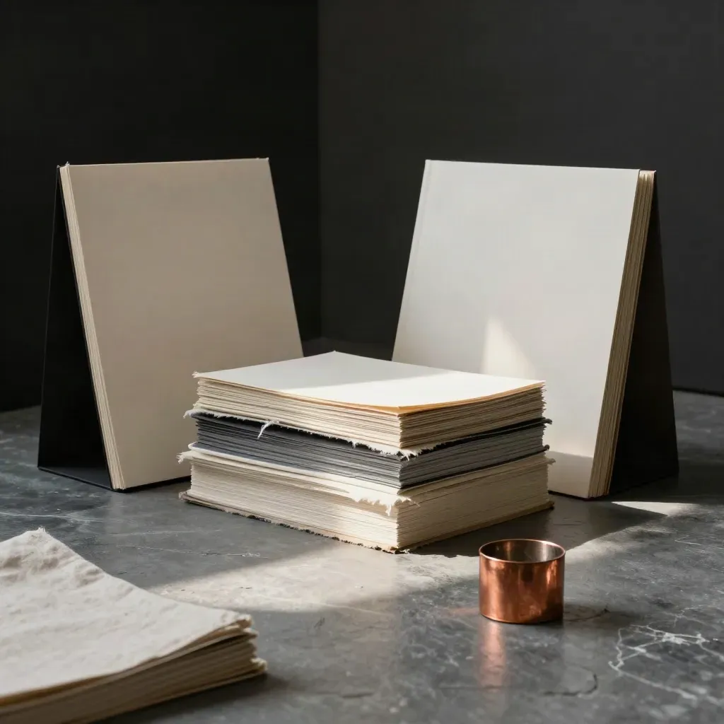 Studio tableau of strategy boards, folios, linen samples, and copper paperweight in misty pre-dawn light.