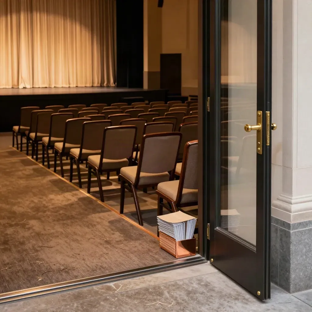 An empty event venue entry with rows of seats, a glowing stage curtain, and program cards by the door.