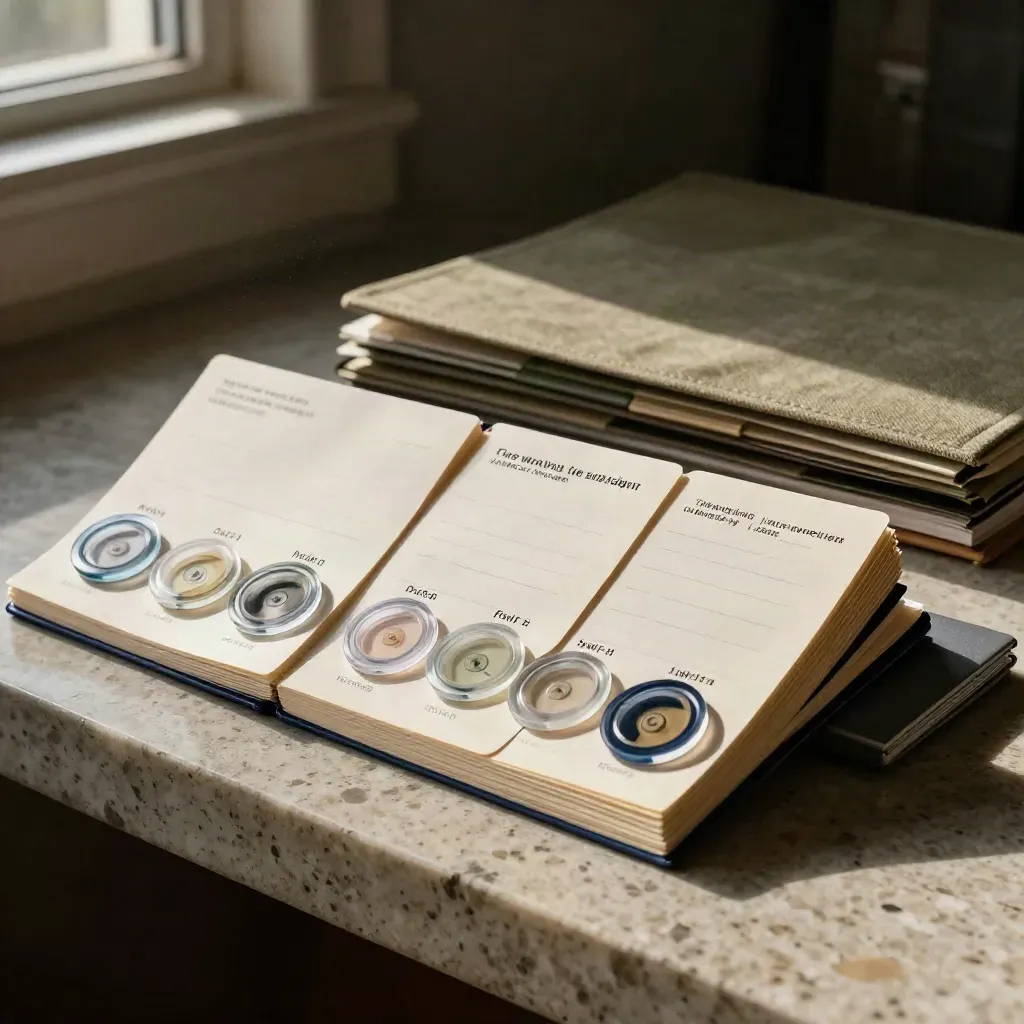 Monthly content planning cards, chips, and ledger box fanned on a travertine shelf.