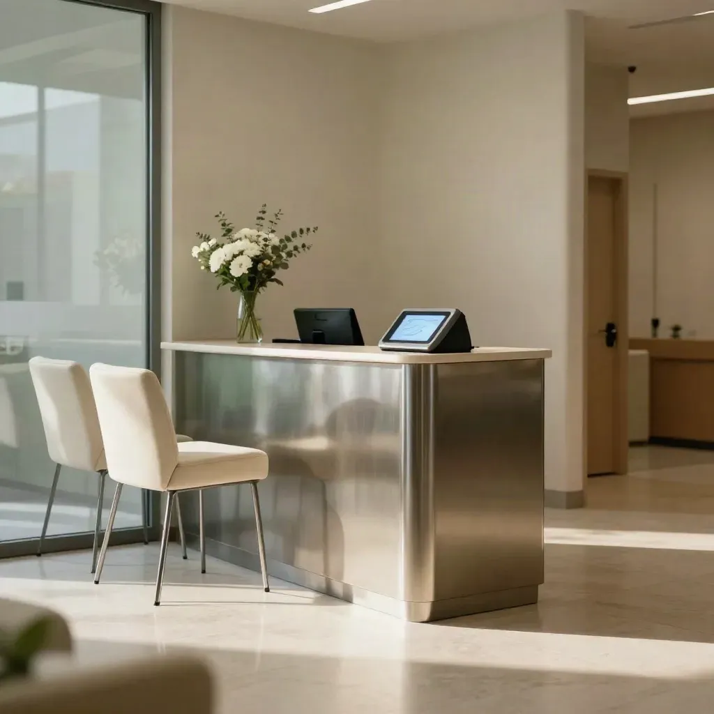 Empty clinic reception with booking pedestal, aligned chairs, flowers, and a calm check-in lane.